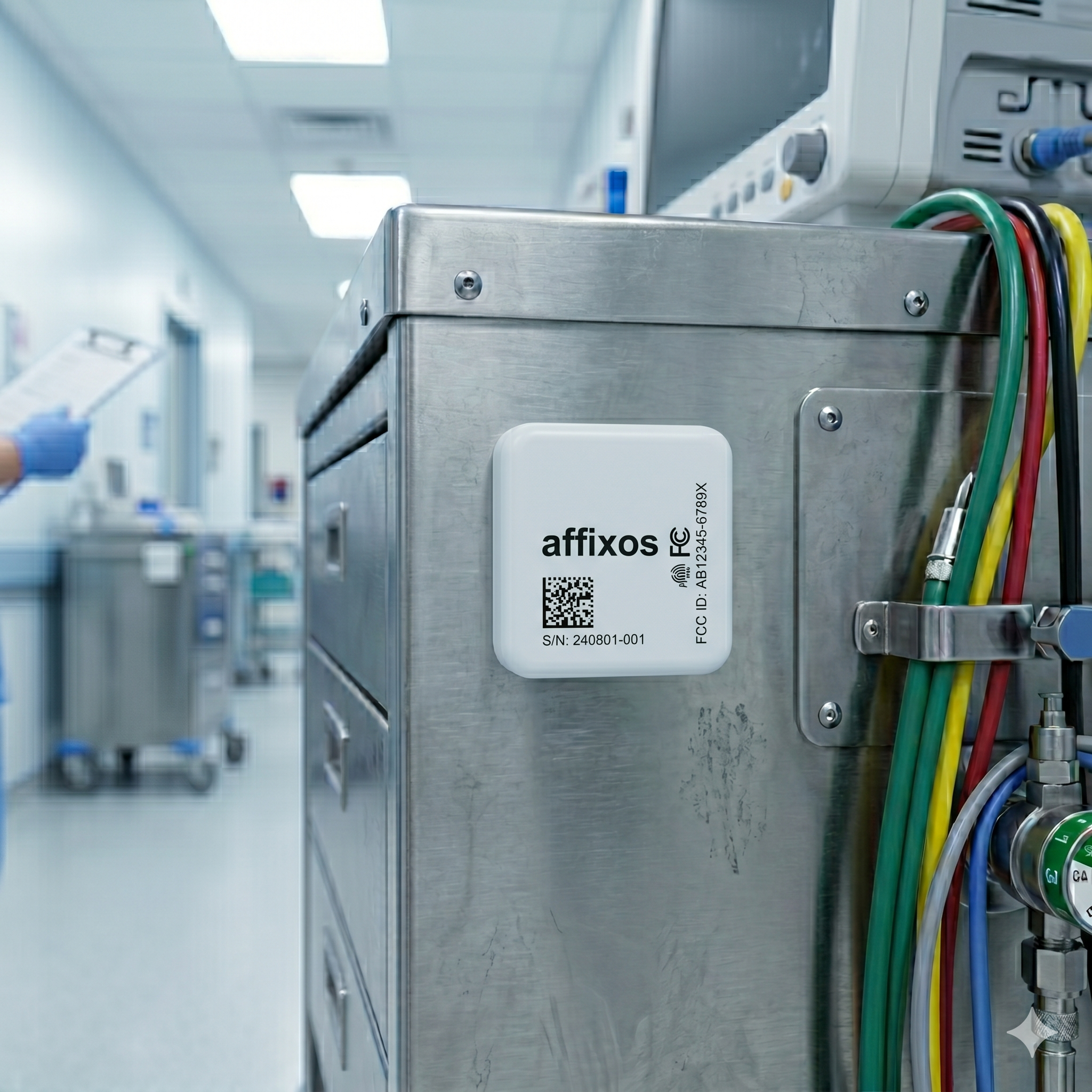 Affixos UWB asset tag attached to hospital medical equipment