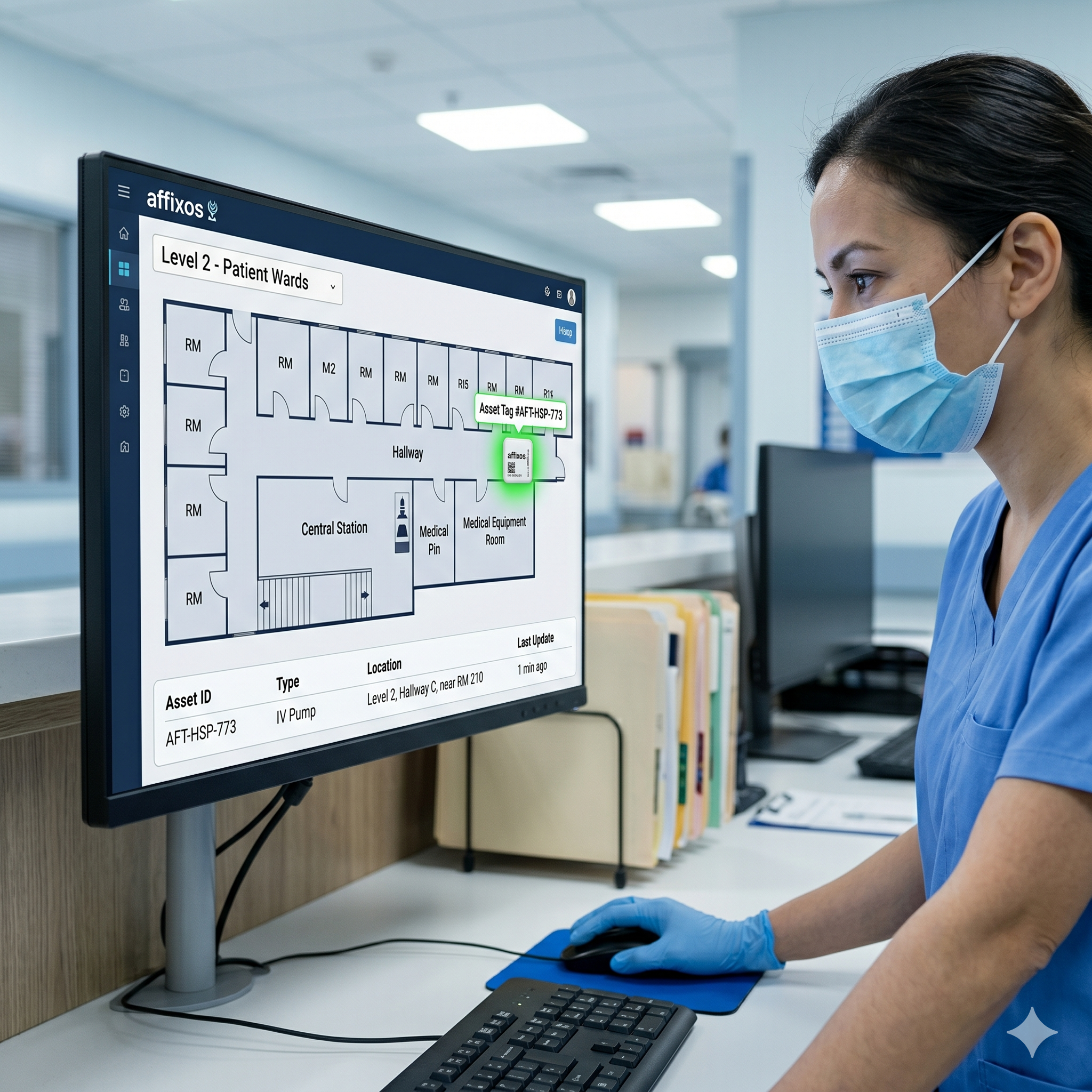 Nurse using Affixos to locate medical equipment in hospital